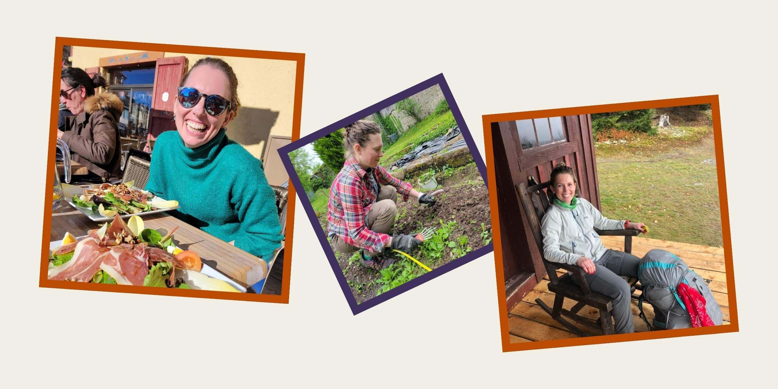Collage of Sarah during an Athara women’s retreat, sharing a meal outdoors, gardening, and resting on a porch with a backpack beside her.