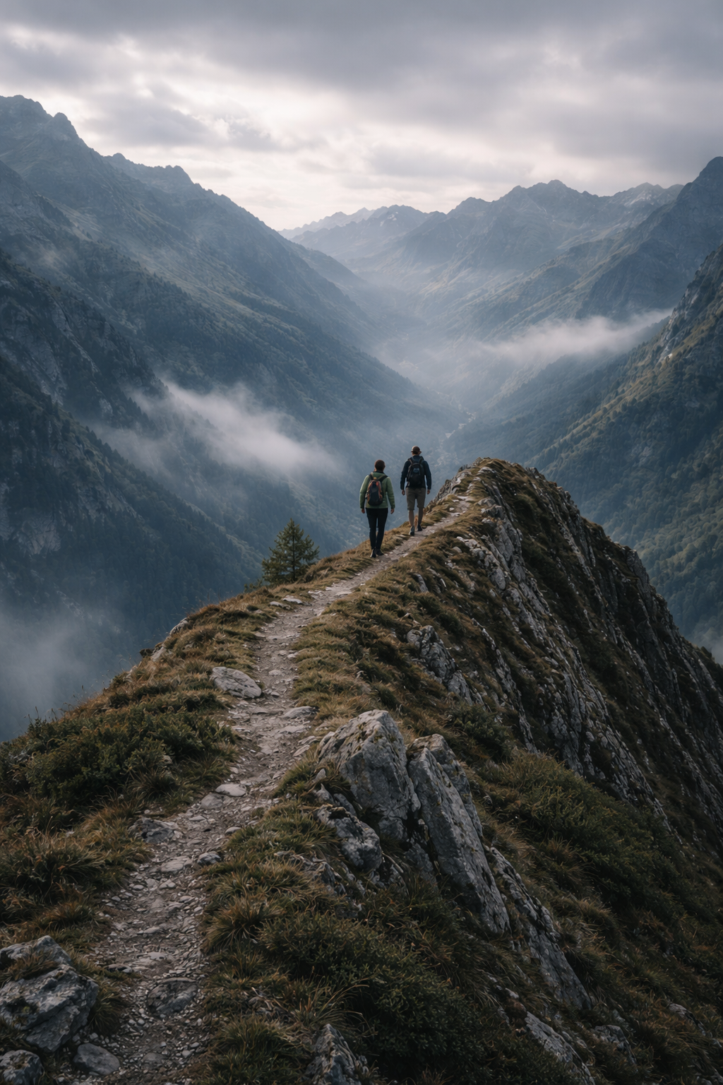 Hikers walking along a mountain ridge in the Pyrenees during an Athara Adventures hiking holiday