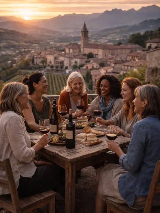 Small group of women enjoying wine and local food overlooking a historic village in southern France at sunset