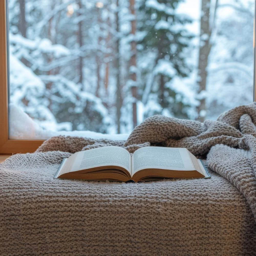 Book and blanket with snowy winter image in the background.