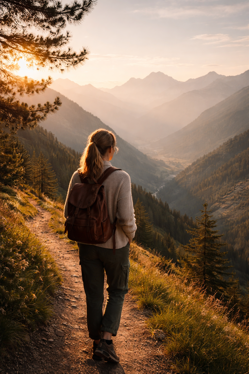 Woman standing on a mountain trail at sunrise reflecting over an alpine valley – representing Athara Adventures online coaching and personal growth.