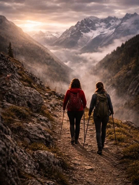 Women hiking in the French Pyrenees on an Athara Adventures walking retreat in France, overlooking mountain valleys at sunrise
