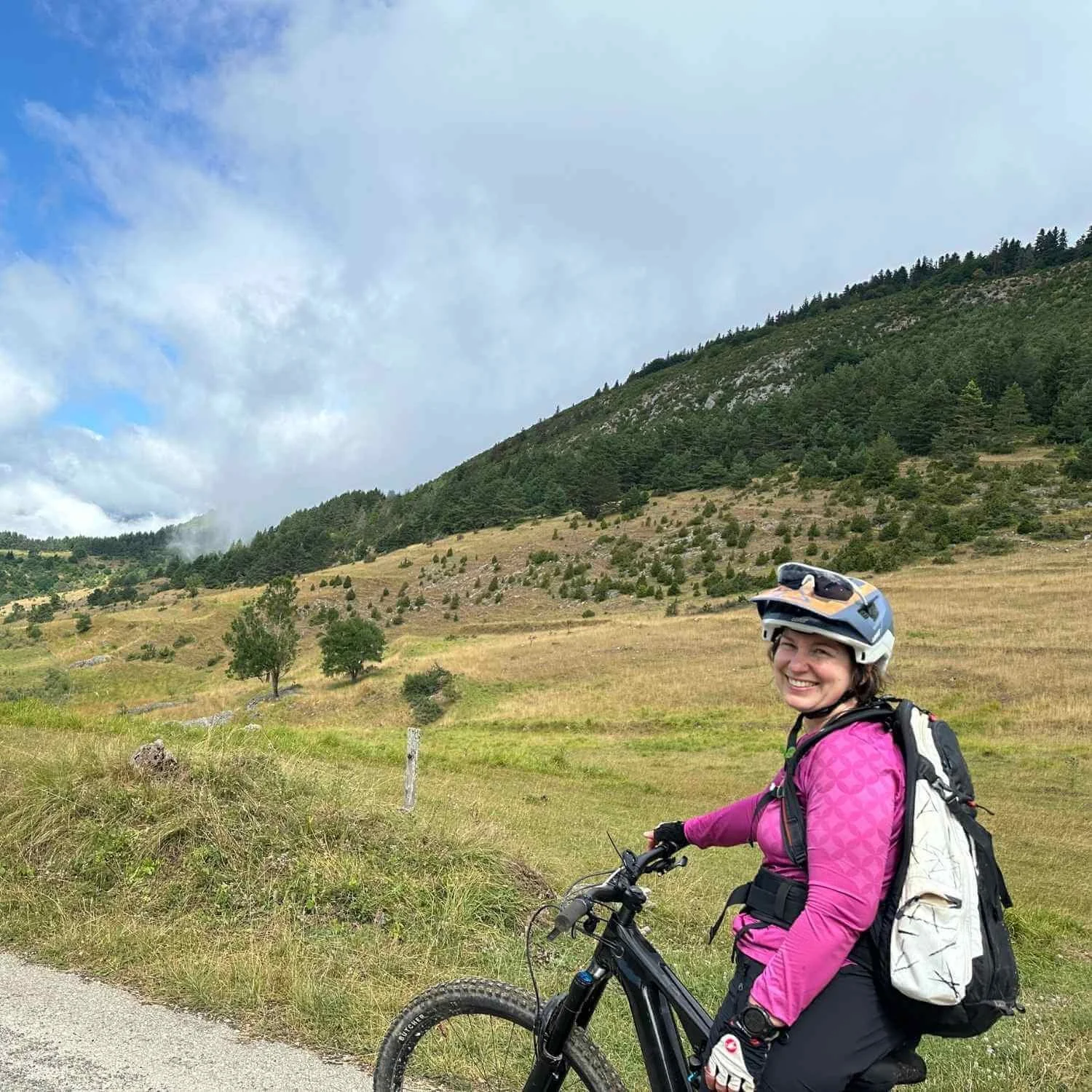 Anna mountain biking through the Pyrenees during an Athara women’s retreat in France.