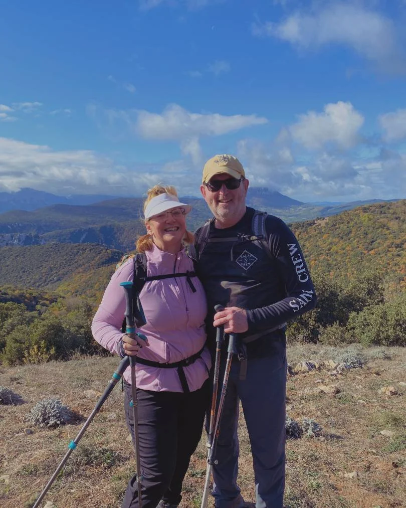 couple in midlife on a long-distance trail hike of the Sentier Cathare guided by Athara Adventures