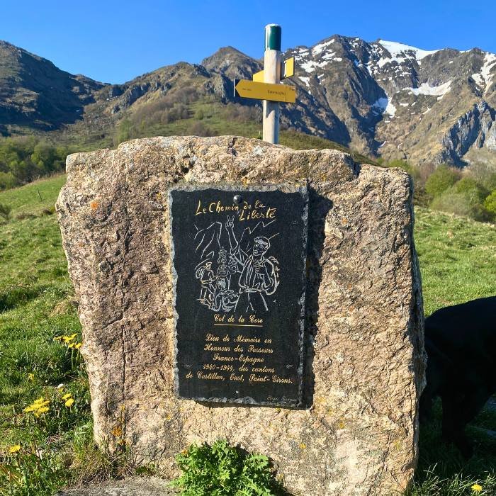 Chemin de la Liberté commeorative plaque with mountains in the background.