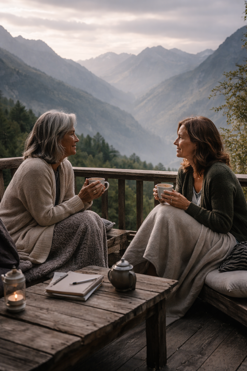 Two women sharing tea on a mountain terrace during a reflective midlife women's retreat surrounded by alpine scenery