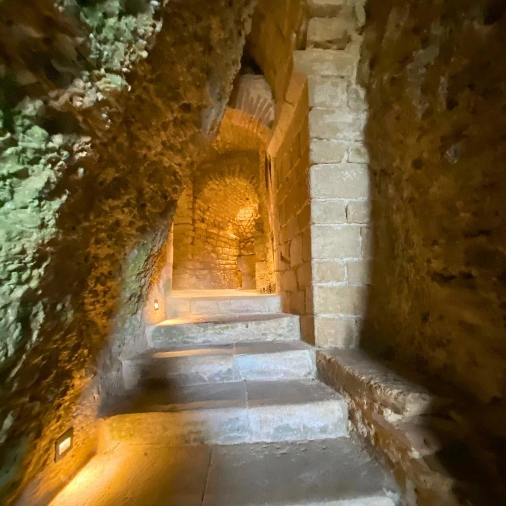Stone steps winding into an ancient church.