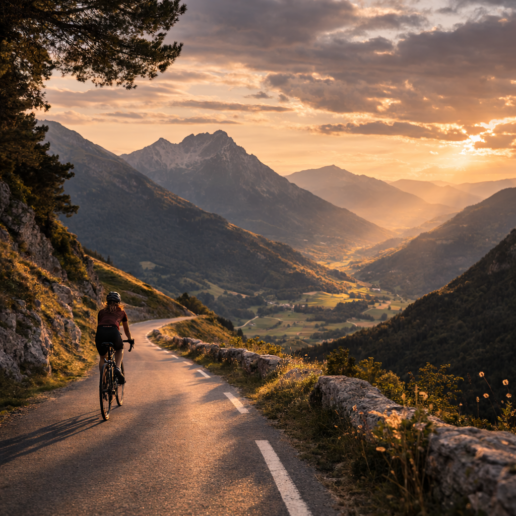 Cyclist riding a mountain road through the Pyrenees during a guided cycling holiday.