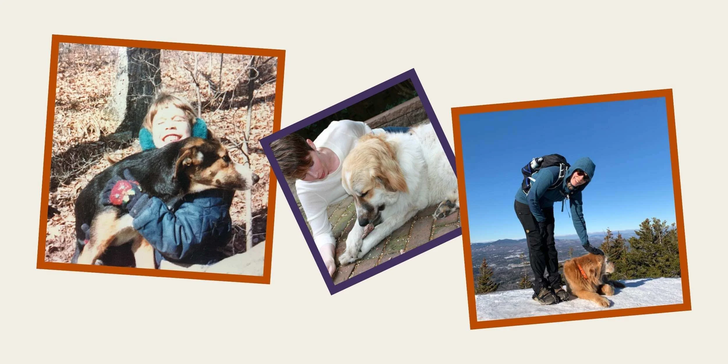 Collage of Seoka with dogs in childhood and adulthood, including hiking with her dog in the mountains during an Athara women’s retreat in Europe.