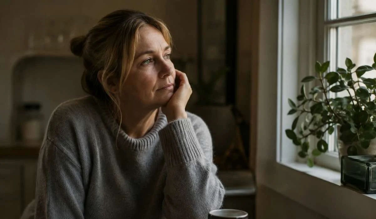 Woman in midlife looking out the window, seeking womens retreat