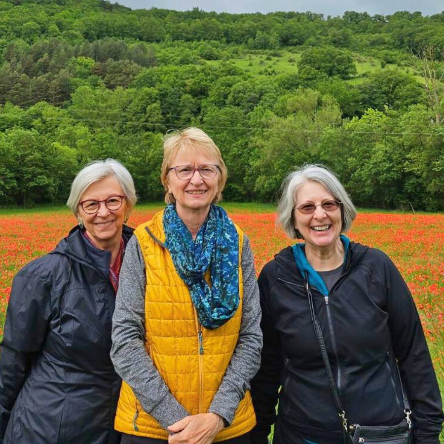 Three women in their 70s standing in a field of poppies.