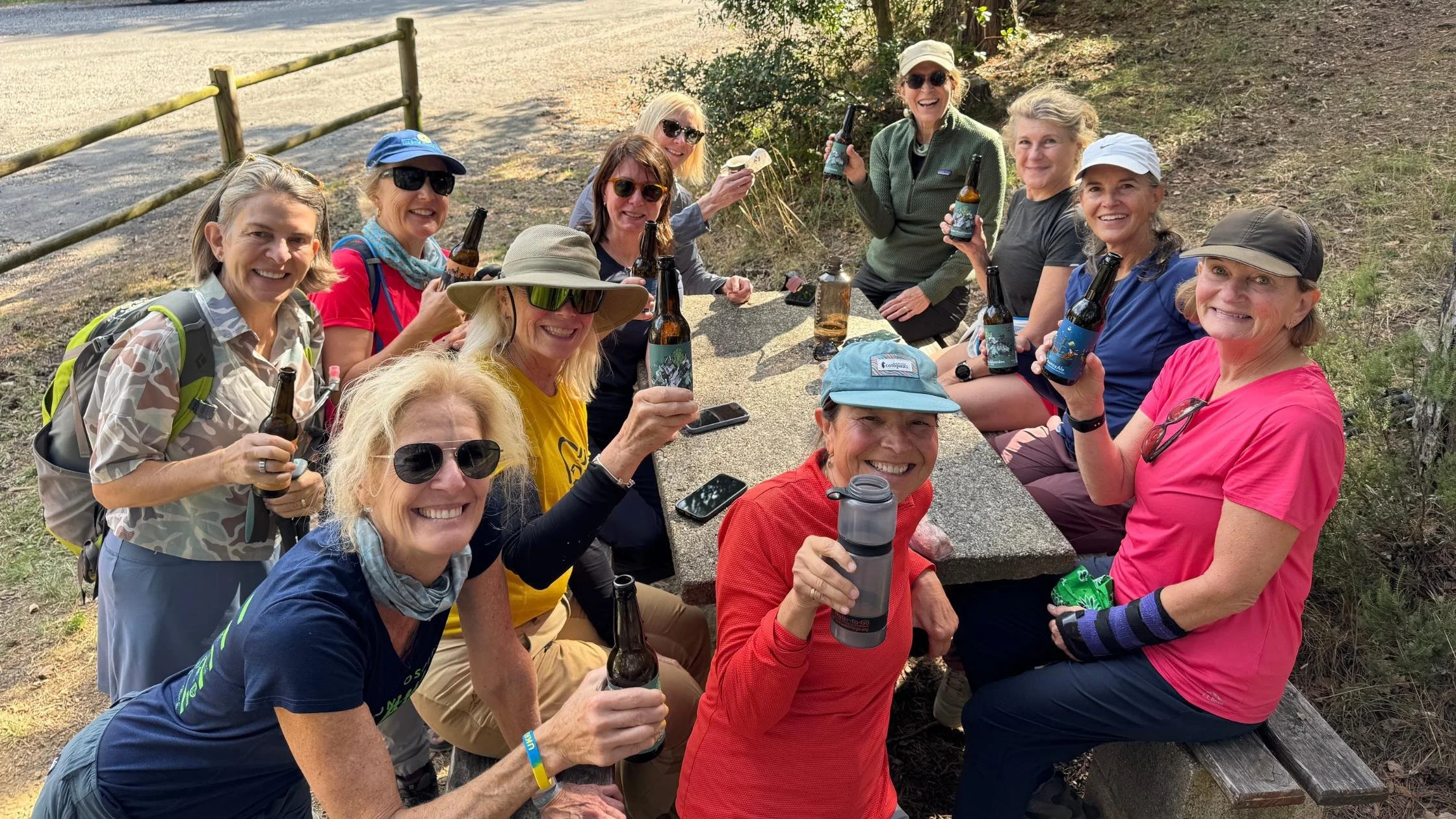 women sitting at a picnic table holding up beverages and smiling
