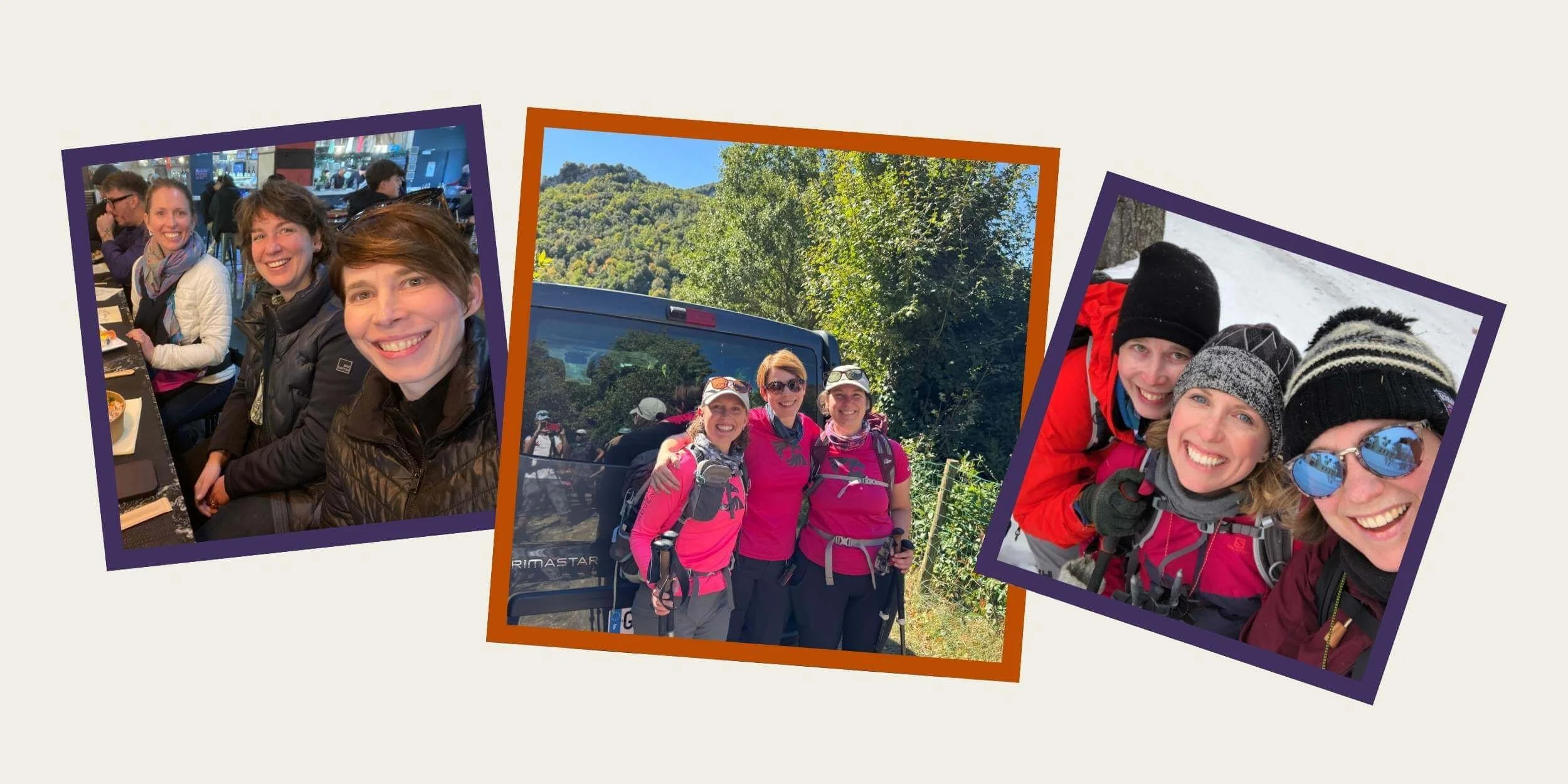 Collage of the three Athara founders sharing a meal, preparing for a hike, and smiling together on a snowy mountain during retreats in Europe.