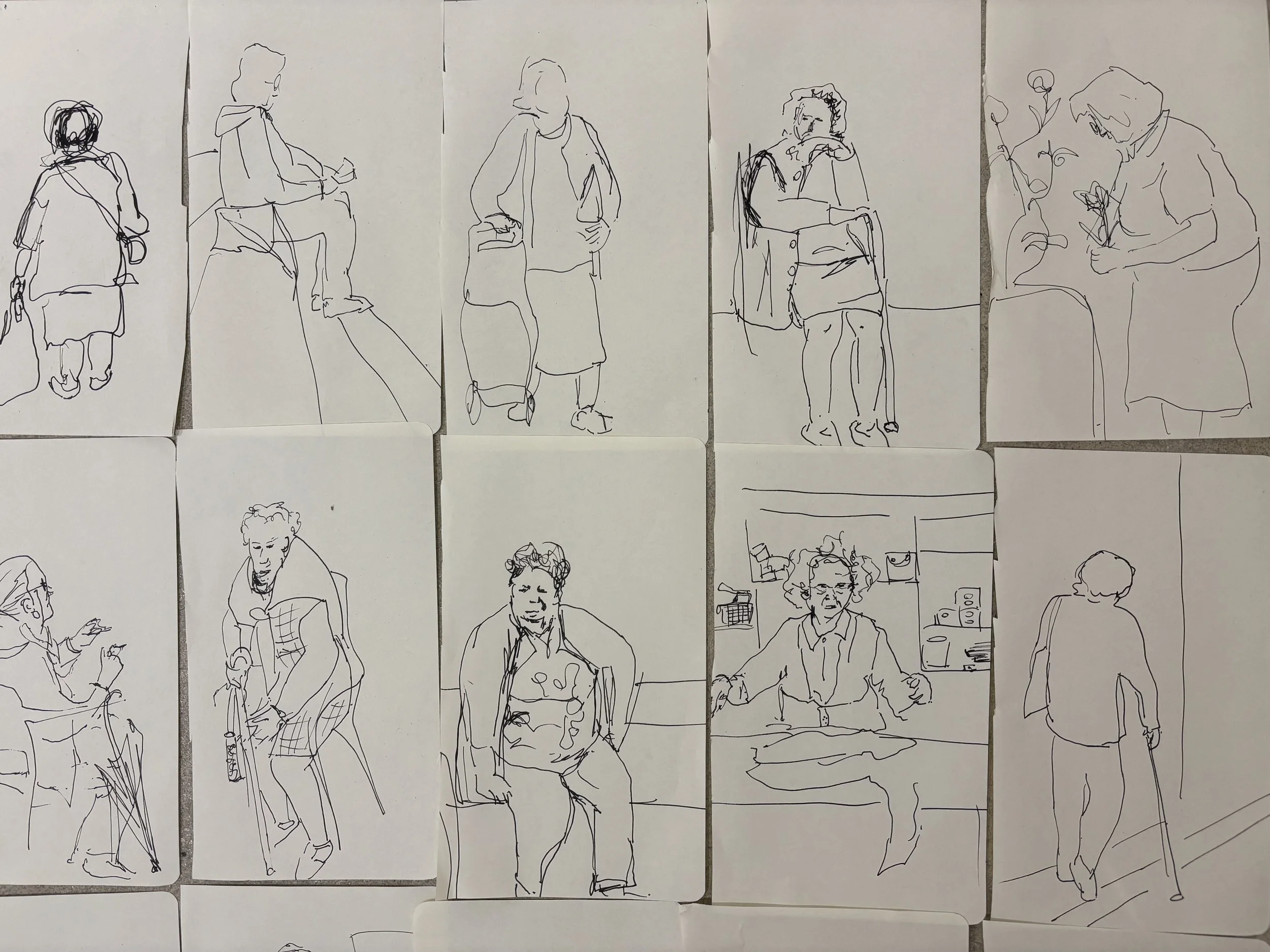 A group of loose line drawings of women, photographed during Aly Harte’s Cortex Frontal residency