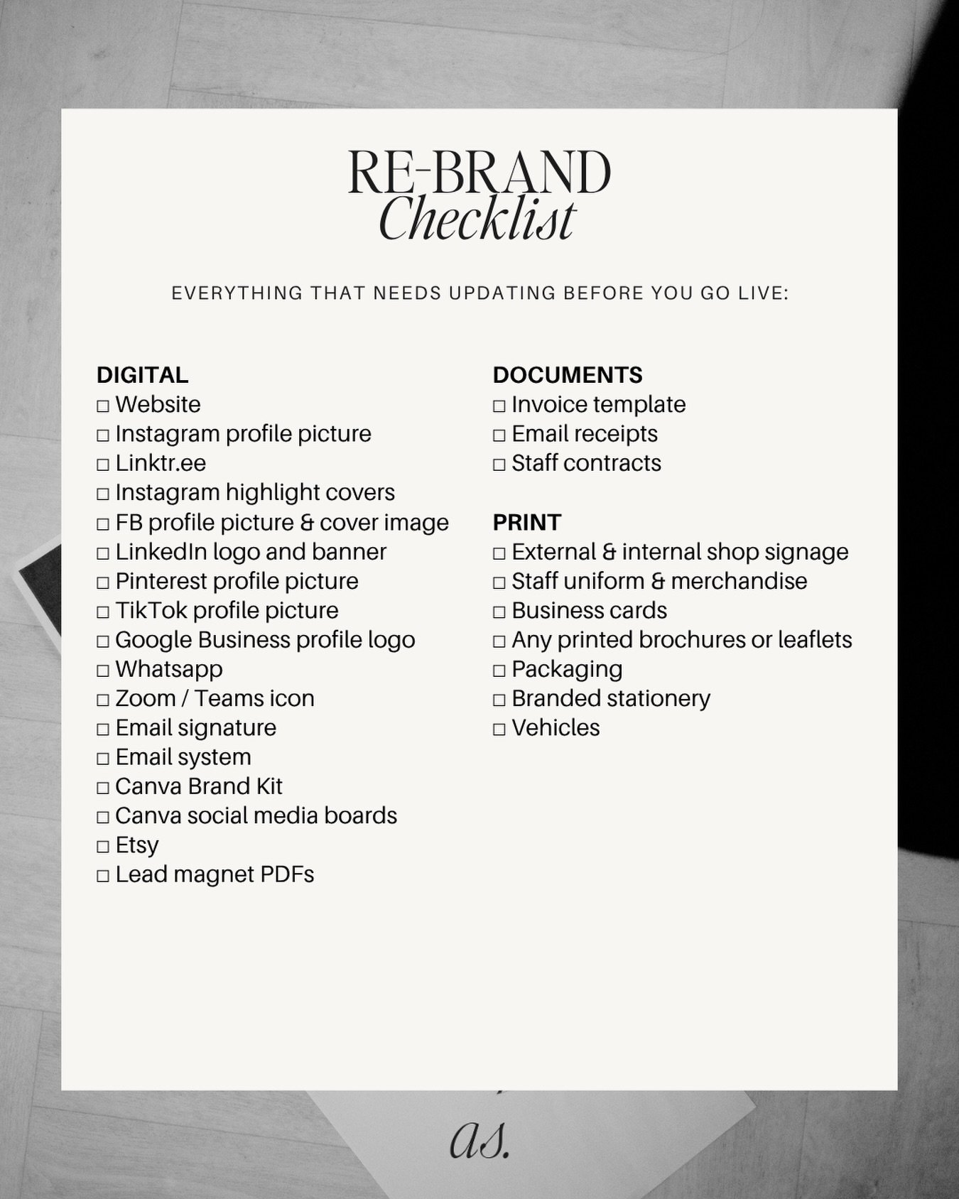 Most rebrand launches go wrong because of this list. Save it before you go live. 🖤