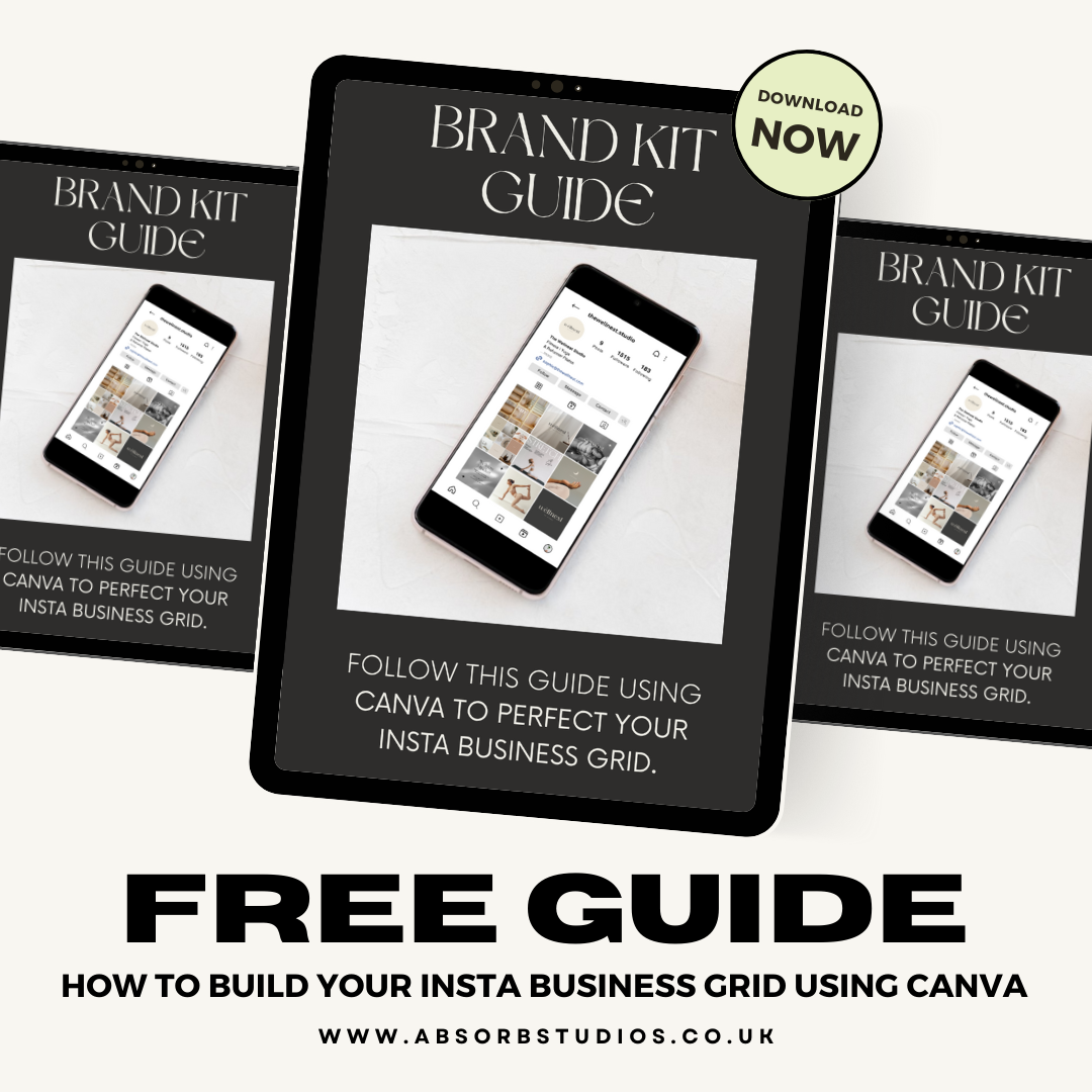 Promotional image for "Brand Kit Guide" featuring a tablet screen displaying an Instagram business grid. Text reads "Free Guide: How to Build Your Insta Business Grid Using Canva" with a download link and website address www.absorbstudios.co.uk.