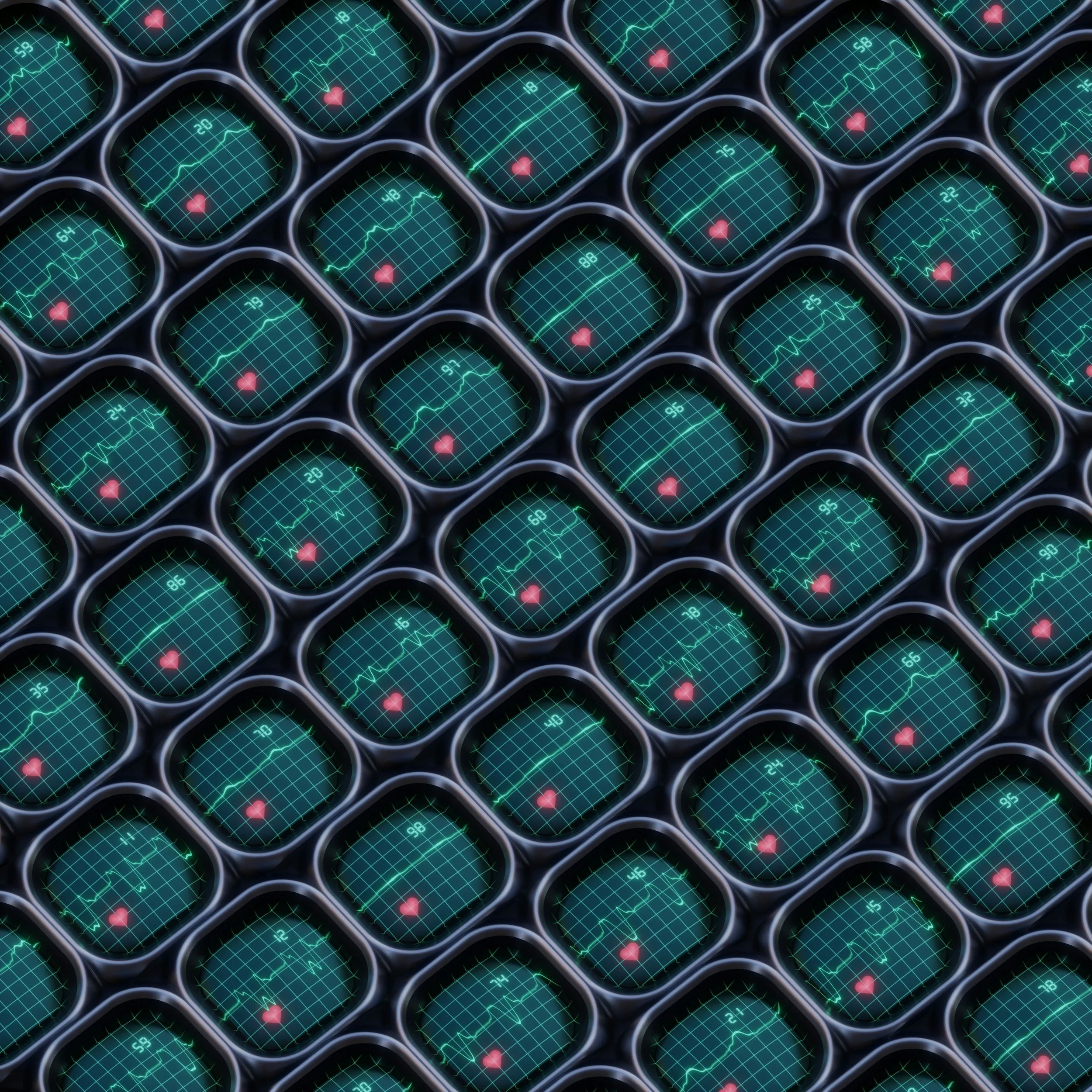 Multiple heart rate monitor screens displaying electrocardiogram graphs and hearts in a pattern.