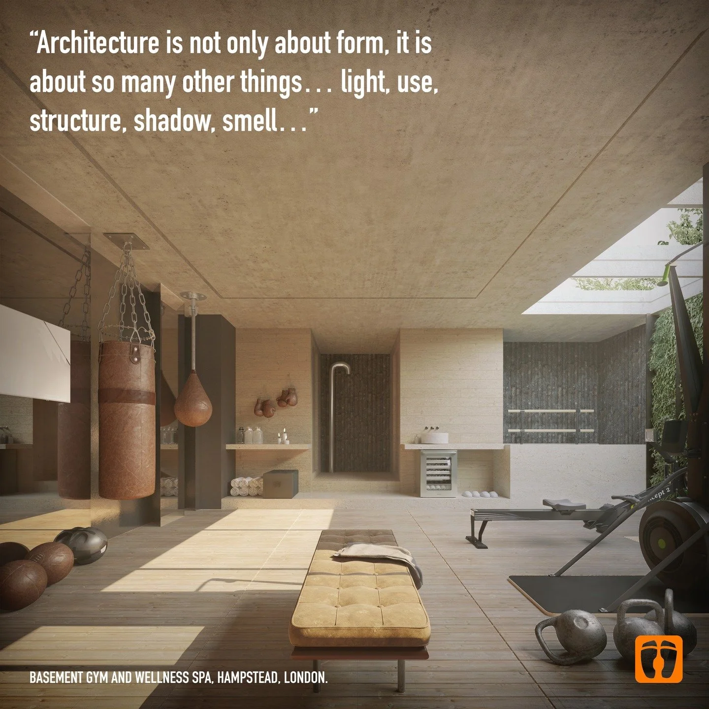 Design for a gym and wellness spa in Hampstead.

The focus is not on intensity, but on atmosphere.

Light is used to shape experience &mdash; soft, directional, shifting through the day. Materials bring warmth, texture, and calm.

Spaces move from co