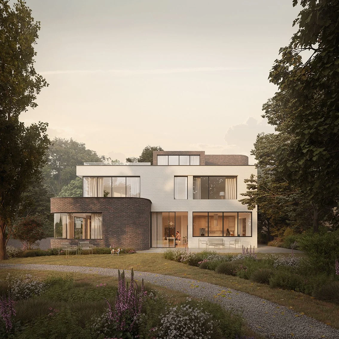 Square Feet Architects — Modern multi-story house with large windows, surrounded by a landscaped garden with flowers and trees, during sunset.