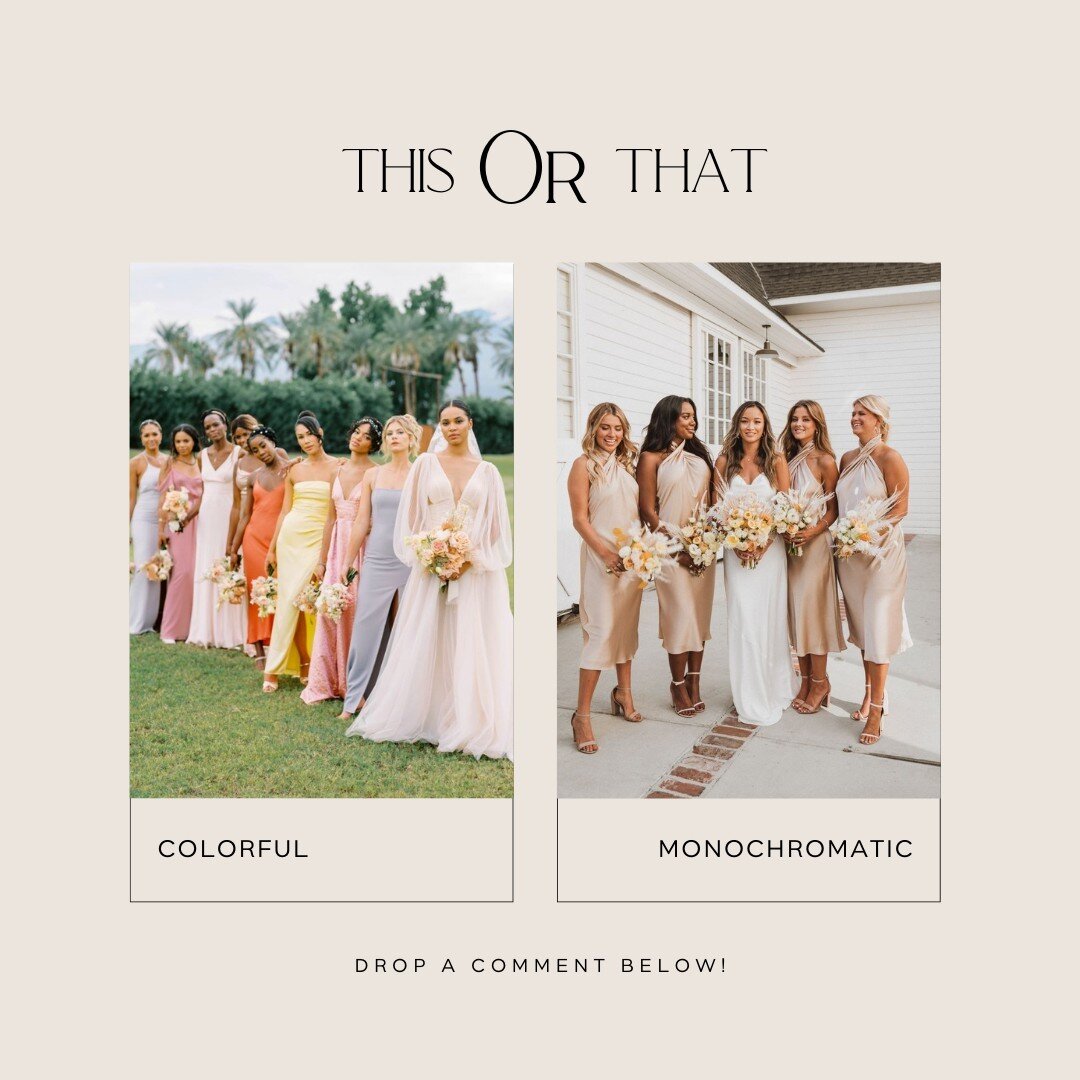 Drop your preference in the comments! We love a fun, colorful moment but also adore the classic monochromatic vibe!🤩⁠
⁠
Are you having your wedding party decked out in color or are you going for the monochromatic color scheme?💗🖤