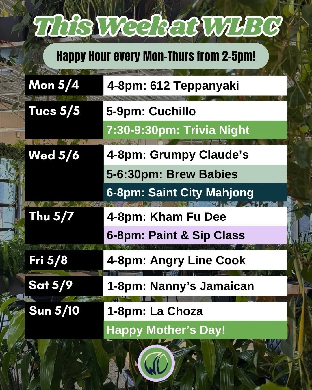 This week at Wandering Leaf... 🌿

Grab your friends and join us for Trivia Night on Tuesday at 7:30. 🧠 There are prizes! On Wednesday, our parent-child group Brew Babies meets at 5pm. 🍼Saint City Mahjong&rsquo;s May Residency begins Wednesday nigh