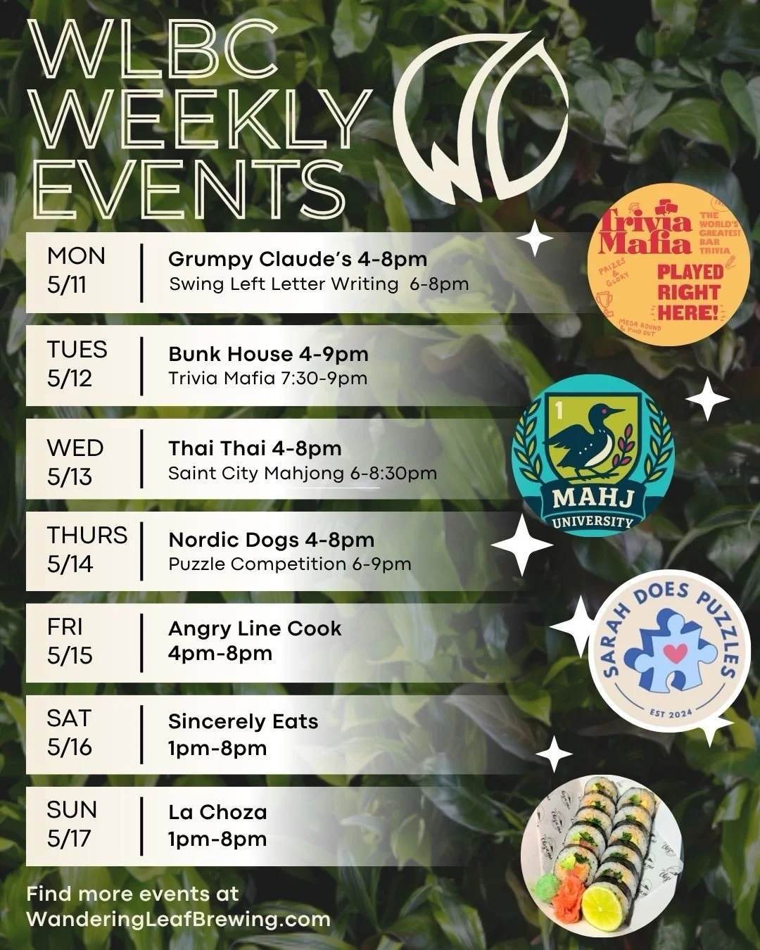 This week at Wandering Leaf...

Get civically engaged with Swing Left letter writing Monday night at 6pm. Gather your brainy besties for Trivia Night on Tuesday at 7:30pm. There are prizes! On Wednesday, Saint City Mahjong will be here playing on Wed