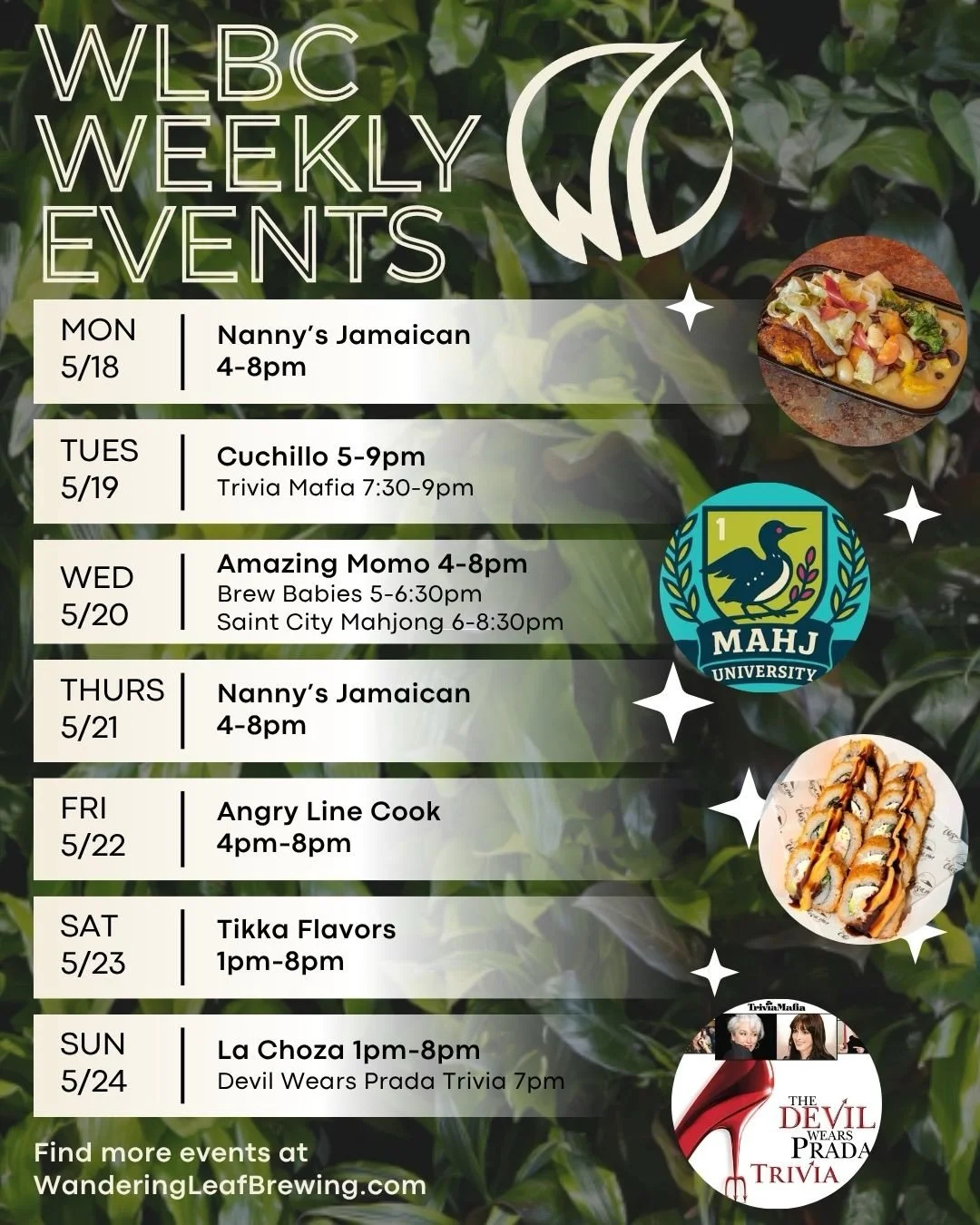 This week at Wandering Leaf... 🌿

Grab your friends and join us for Trivia Night on Tuesday at 7:30! 🧠 On Wednesday, our parent-young child group Brew Babies 🍼 meets at 5pm, then Saint City Mahjong is here at 6. 🀄️ On Sunday, come by for Devil We