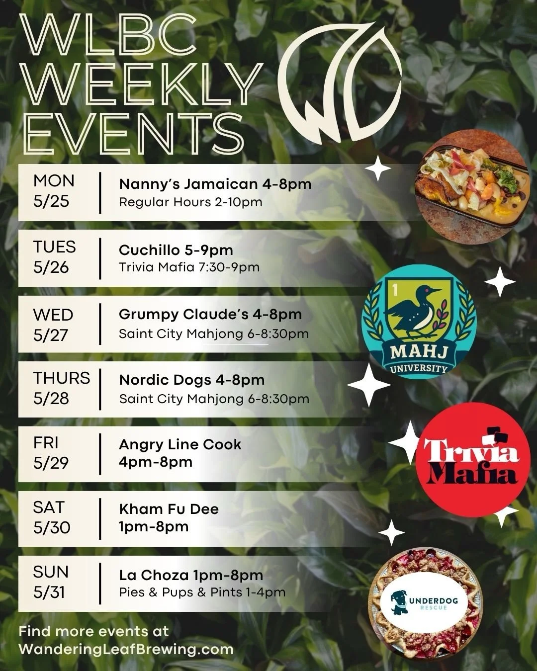 This week at Wandering Leaf...

We&rsquo;re open on Memorial Day, 2-10pm! That&rsquo;s also the last day of our BOGO 50% off can sale. 🌱 On Tuesday, grab your friends and join us for Trivia Night! 🧠 There are prizes. 🌟 Saint City Mahjong is here o