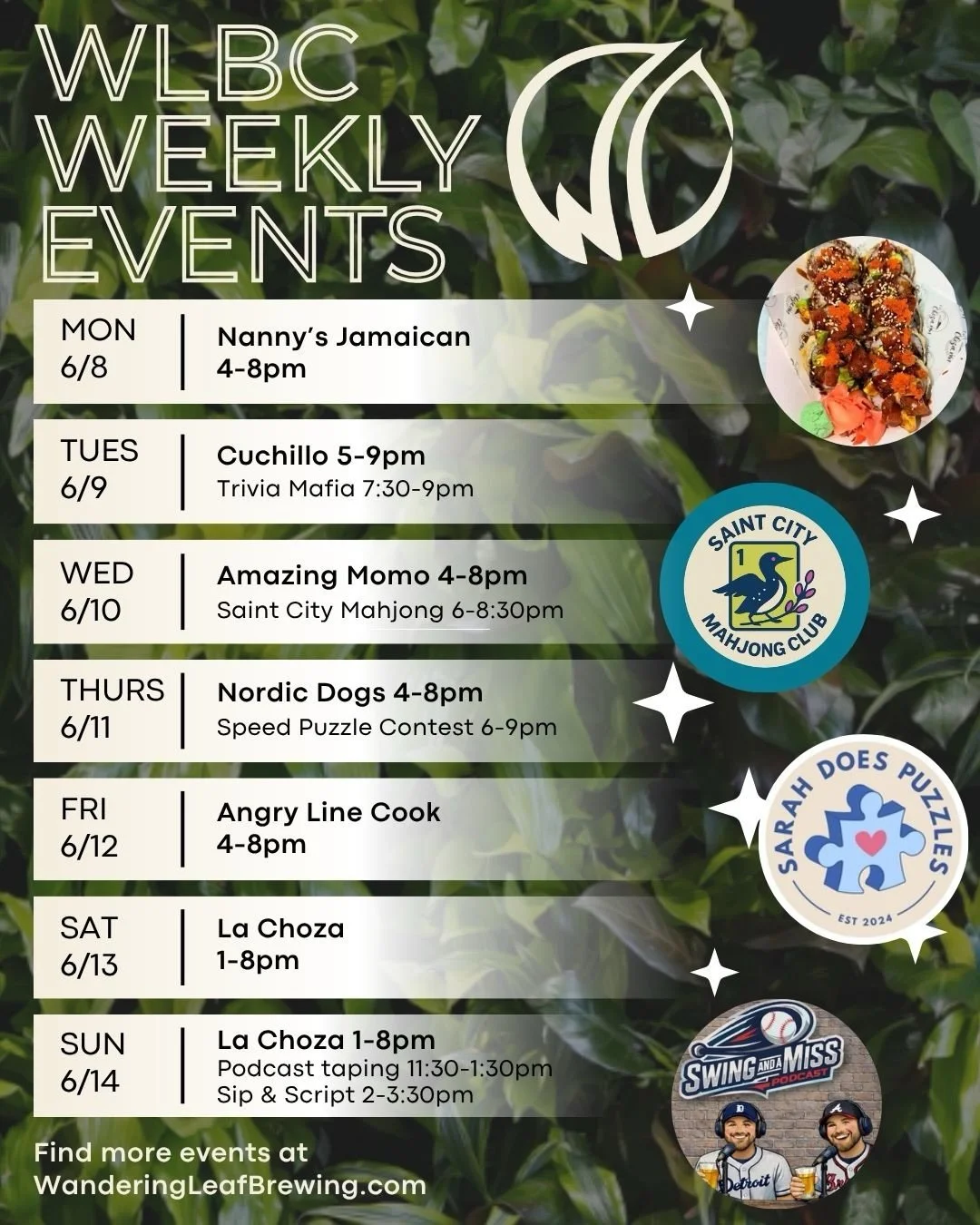 This week at Wandering Leaf... 🌿

Grab your friends and join us for Trivia Night on Tuesday! 🤓
Saint City Mahjong is here on Wednesday. 🀄️
On Thursday, Sarah Does Puzzles is hosting a speed jigsaw puzzling contest. 🧩 Space is limited; sign up on 