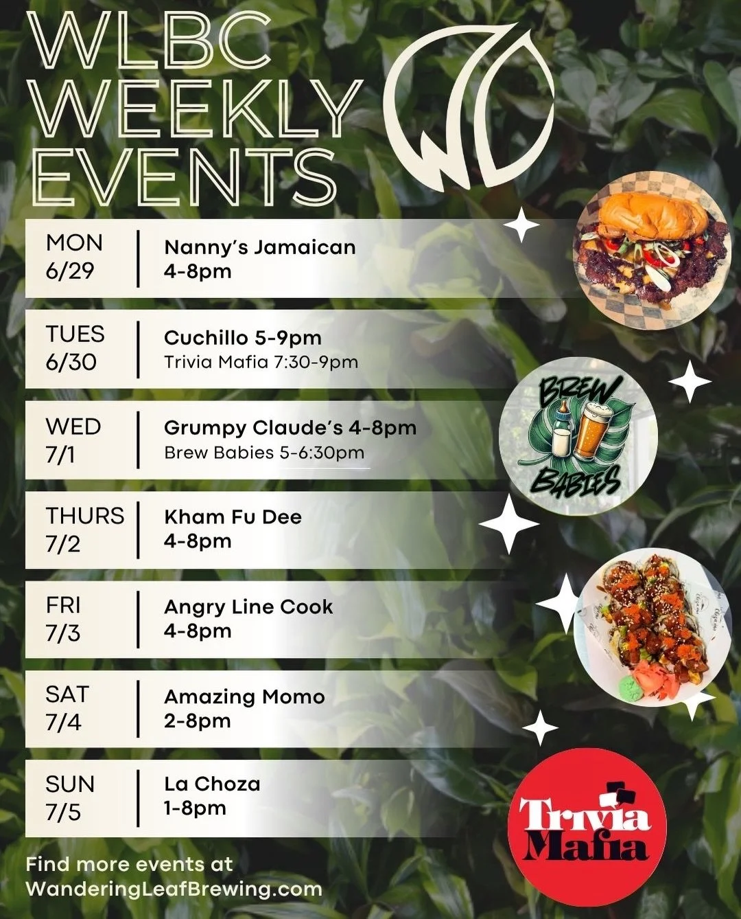 This week at Wandering Leaf... 🌿

We are open for regular business hours through the holiday weekend! Stop by from 2-10pm on Friday and 12-10pm Saturday-Sunday a enjoy a pint! 🇺🇸
Tuesday is Trivia Night! Grab your friends and compete for prizes st