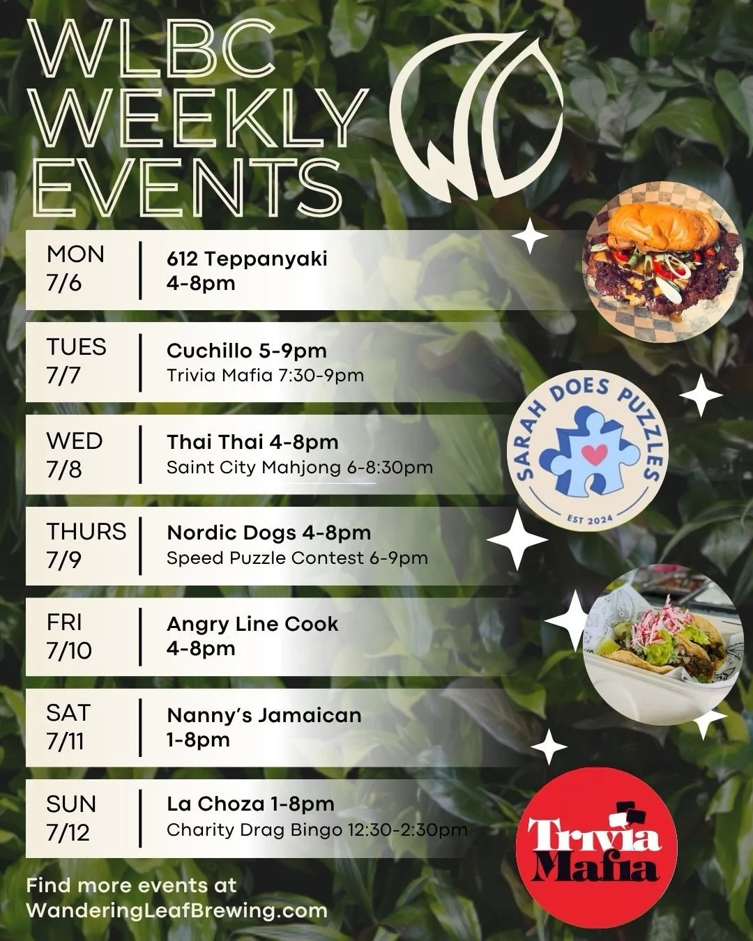 This week at Wandering Leaf... 🍃 

Grab your friends and join us for Trivia Night on Tuesday! 🧠
Saint City Mahjong&rsquo;s July League begins Wednesday night. There&rsquo;s a waitlist! 🀄️
Sarah Does Puzzles is hosting a speed jigsaw puzzle contest