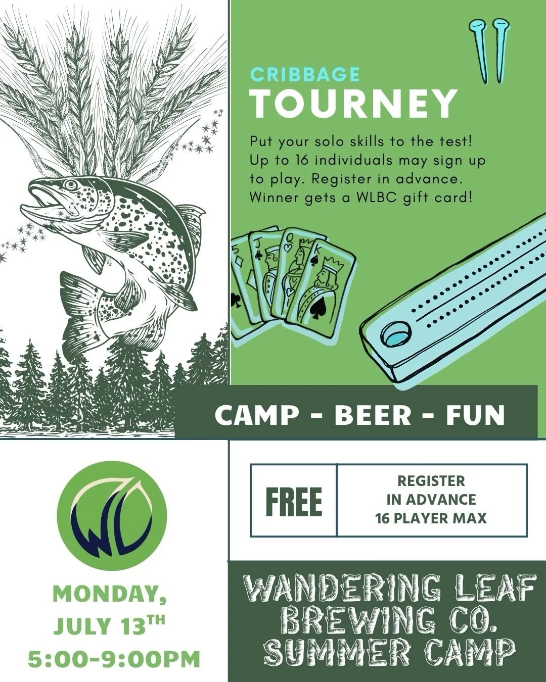 SUMMER CAMP ACTIVITIES! Part 1:
- Cribbage tournament &spades;️ Put your solo skills to the test against 15 other players. Sign up to enter (free) and compete for a WLBC gift card on Monday!
- Behind the scenes brewery tours 🛢️ For the first time, w