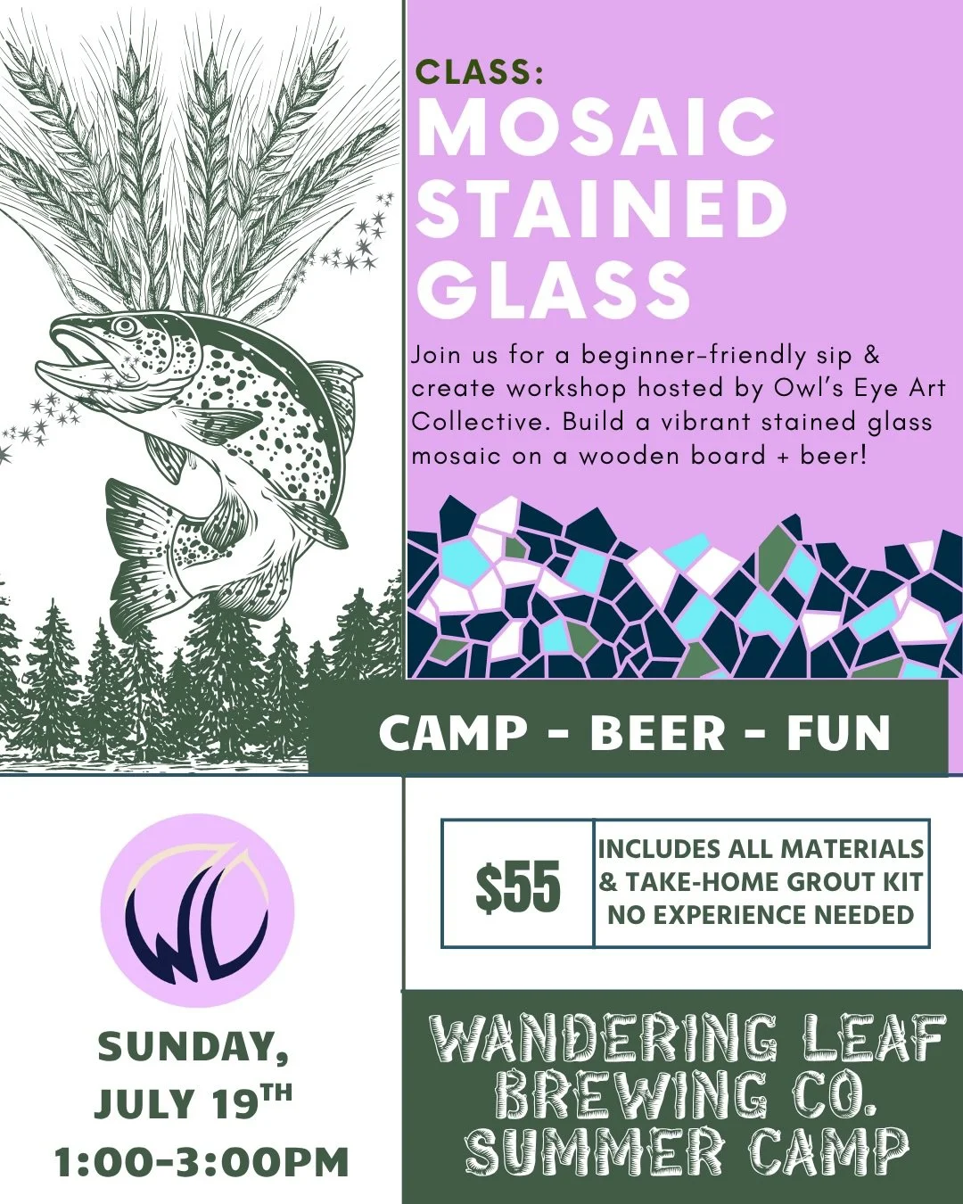 SUMMER CAMP ACTIVITIES! 🏕️ Part 3:
- Mosaic stained glass class on Sunday. 🖼️ Hosted by Owl&rsquo;s Eye Art Collective and beginner-friendly!
- Knot-tying class. 🪢 Choose from a Thursday or Saturday evening class hosted by Rob. You&rsquo;ll learn 