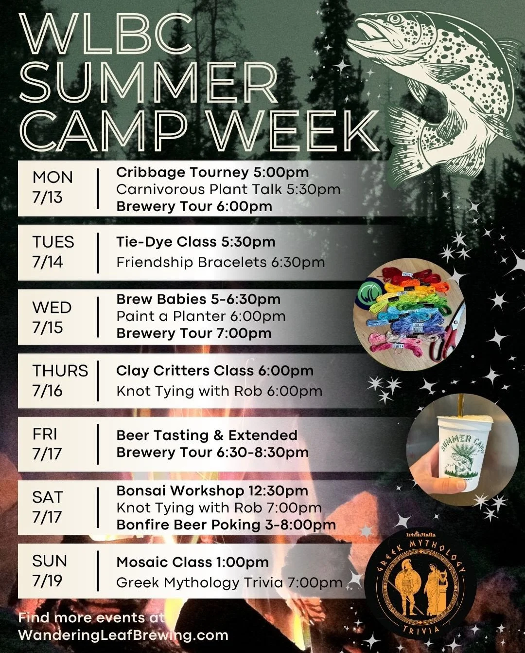 Summer Camp Week is HERE! All the camp fun for adults, plus beer (!) at WLBC... Swipe for details! 🤩

Sign up for Summer Camp events at the link in our bio. 🌲 Plus, get your Canteen Card for a beer every day + Camper Cup in the taproom. Cheers! 🍻
