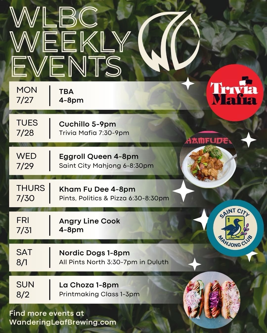 This week at Wandering Leaf... 

Grab your friends and join us for Trivia Tuesday! There are prizes! 😎
On Wednesday, Saint City Mahjong is hosting their July League. It&rsquo;s full, but the waitlist is open! 🀄️
On Thursday, join your local DFLers 