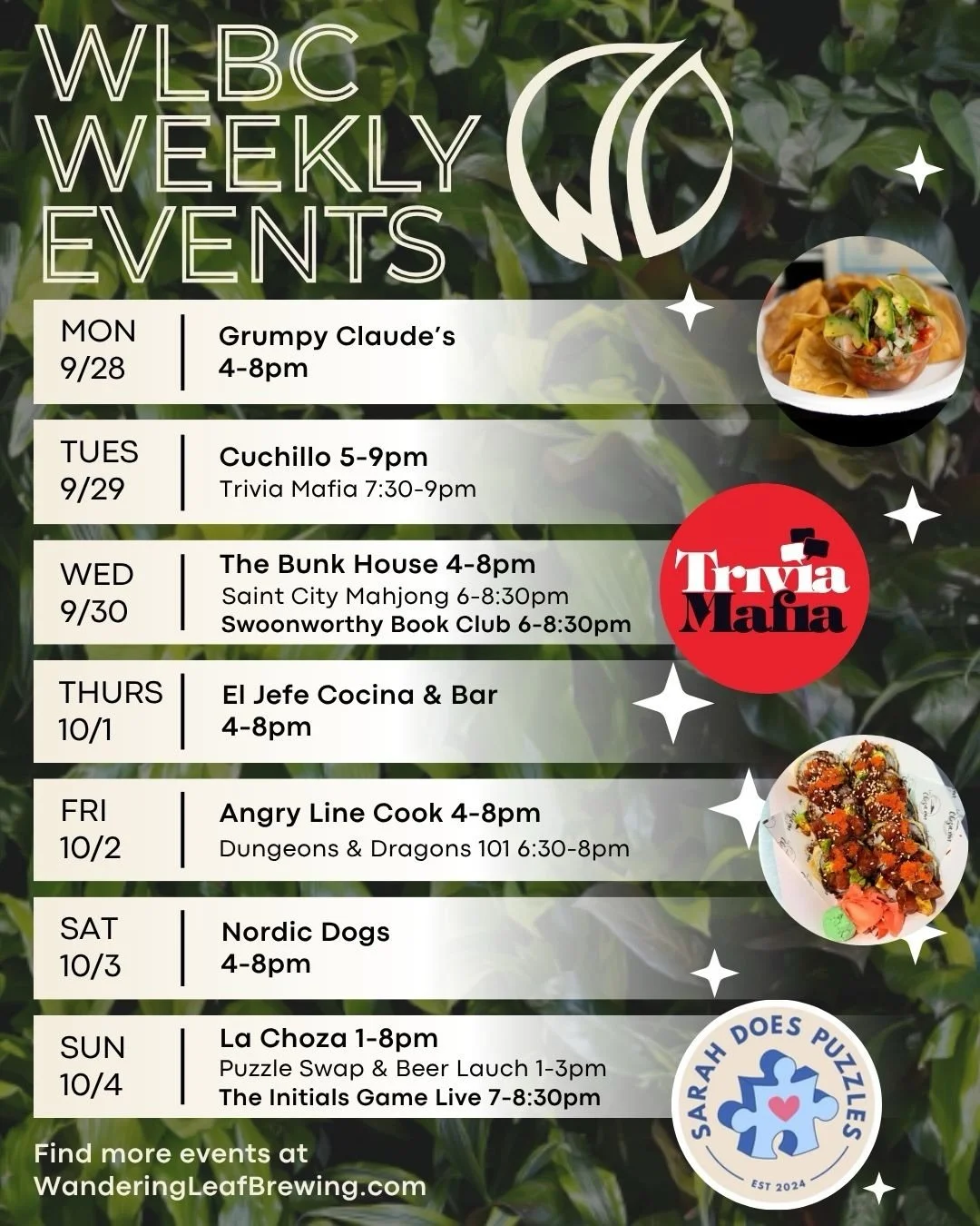 Thanks so much for a fantastic Fall Fest! 💛 Here&rsquo;s what&rsquo;s on deck at Wandering Leaf this week... 

Tuesday is Trivia night! Grab your friends, enjoy a pint, and compete for prizes. 🤓
Wednesday, Swoonworthy Romance Booksellers is hosting