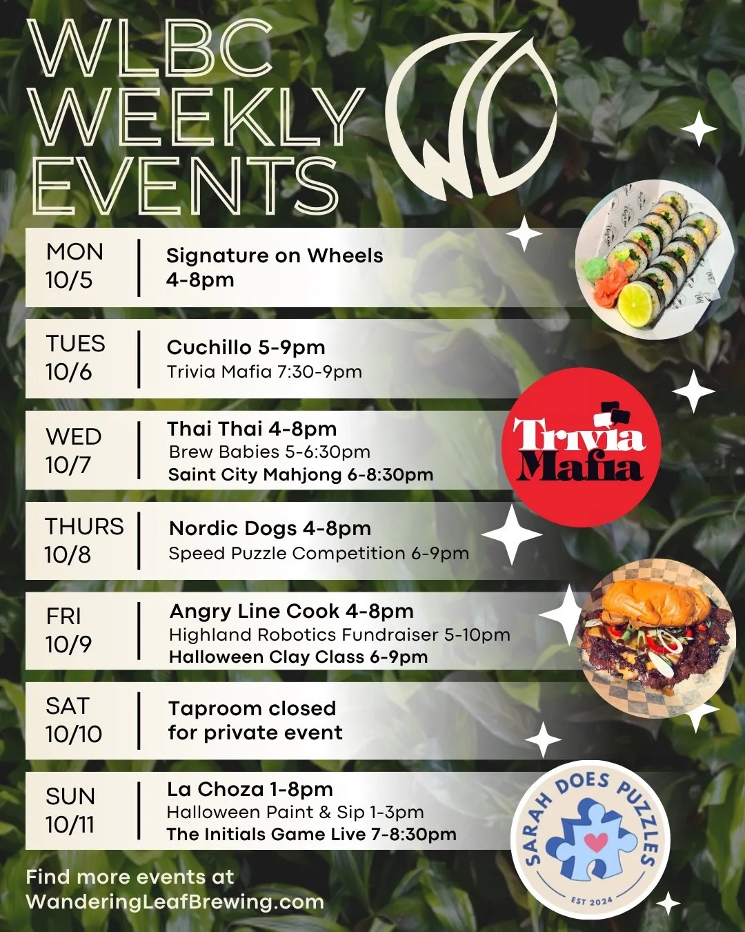 This week at Wandering Leaf... 🌿

Join us for Trivia Night on Tuesday and compete for a prize with your team! 🧠
On Wednesday, our parent and young child group Brew Babies meets at 5. 💚 All are welcome! Saint City Mahjong&rsquo;s Fall League is als