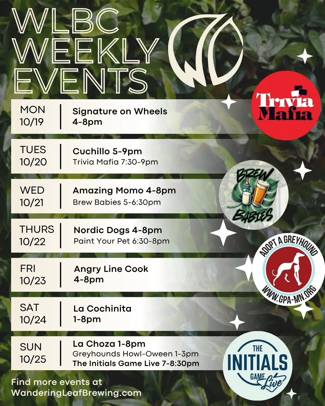 This week at Wandering Leaf... 🪴

Grab your buds for a pint of suds and Trivia Tuesday Night! 🤓 Trivia Mafia regionals are just around the corner...
On Wednesday, our parent-young child group Brew Babies meets by the pint glass mural wall. 🍼 All a