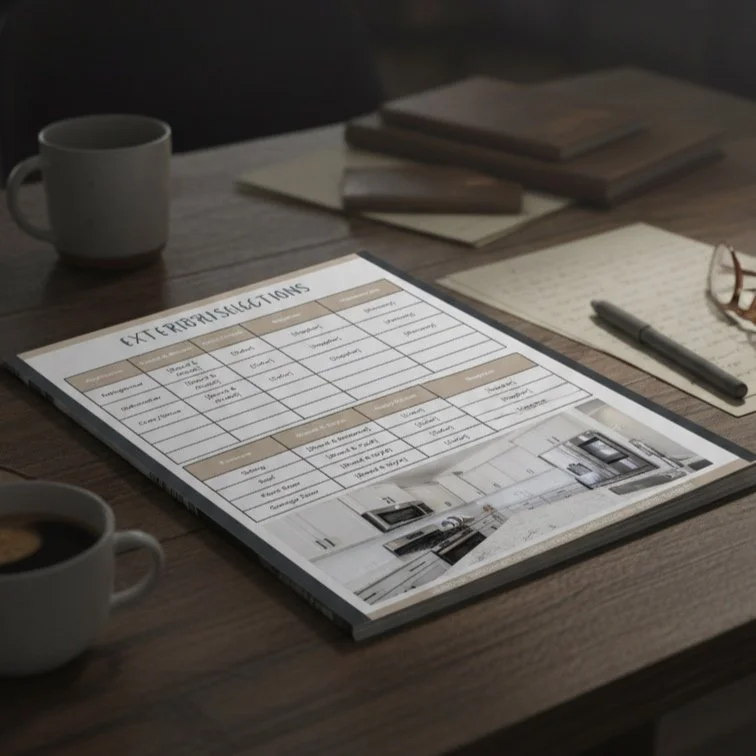 Home builder marketing materials including buyer guides, flyers, and feature sheets