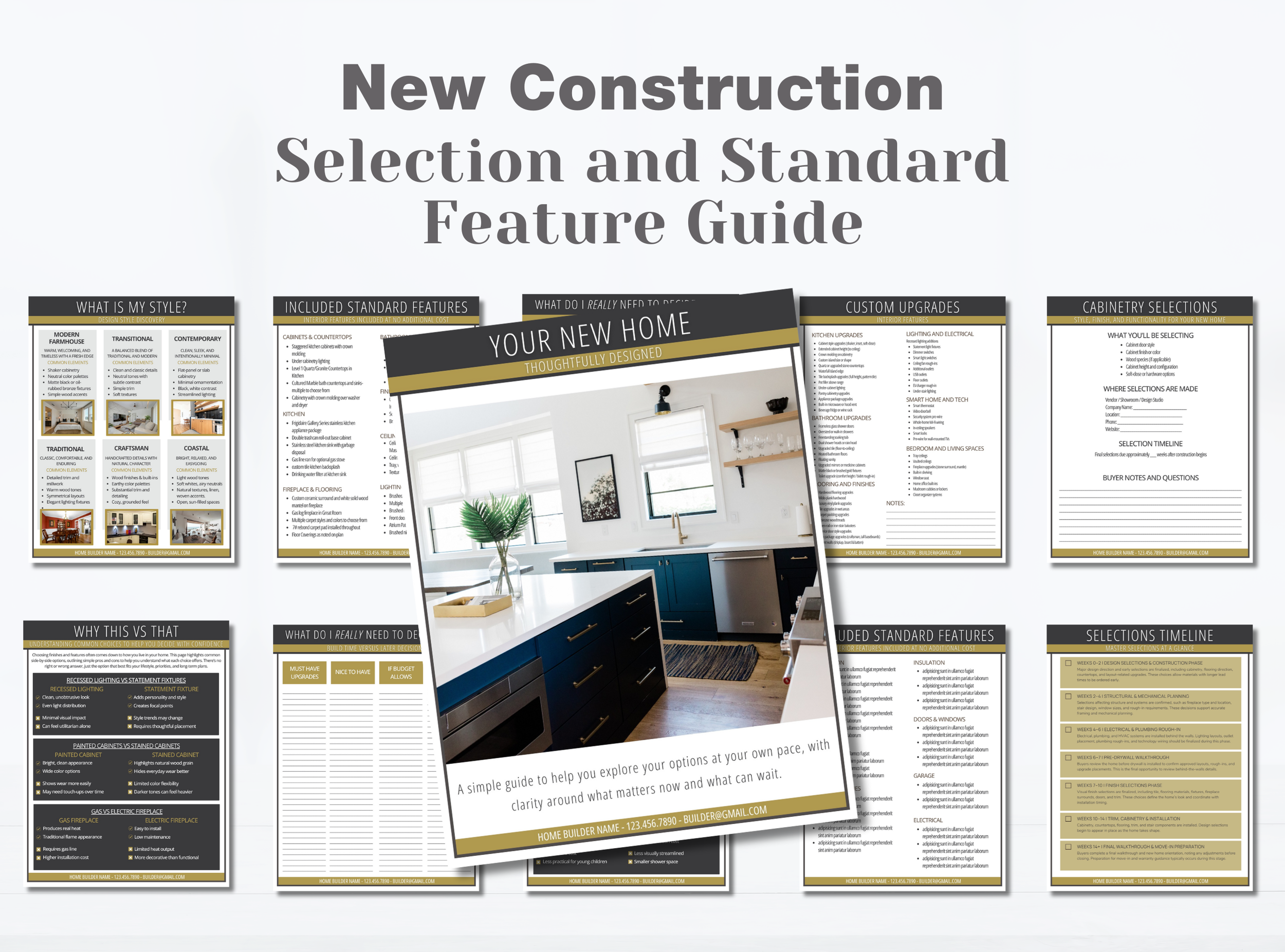 Home builder feature guide template showing standard and custom home options