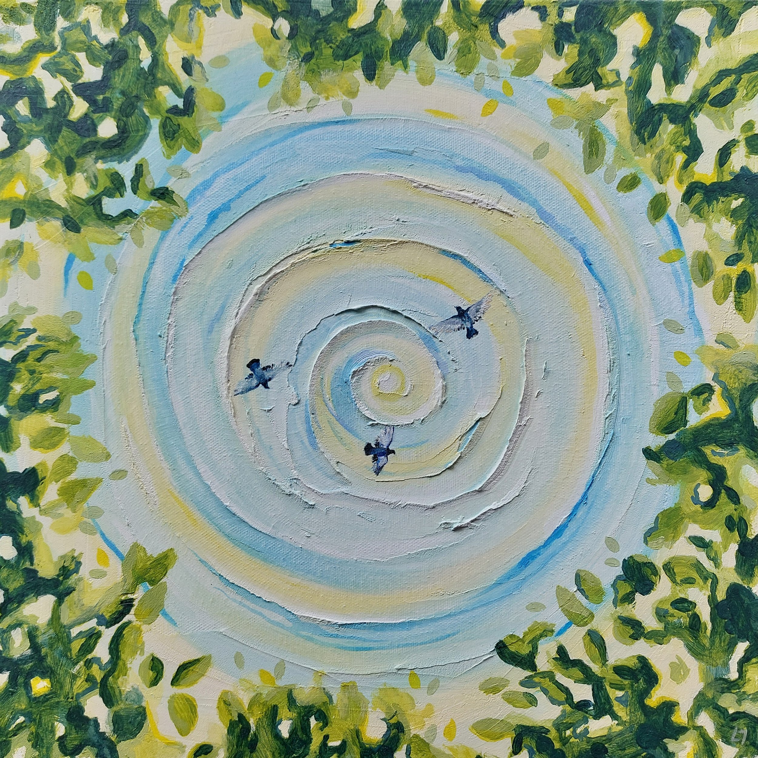 Painting of birds flying in abstract sky of blue and yellow and leaves all around