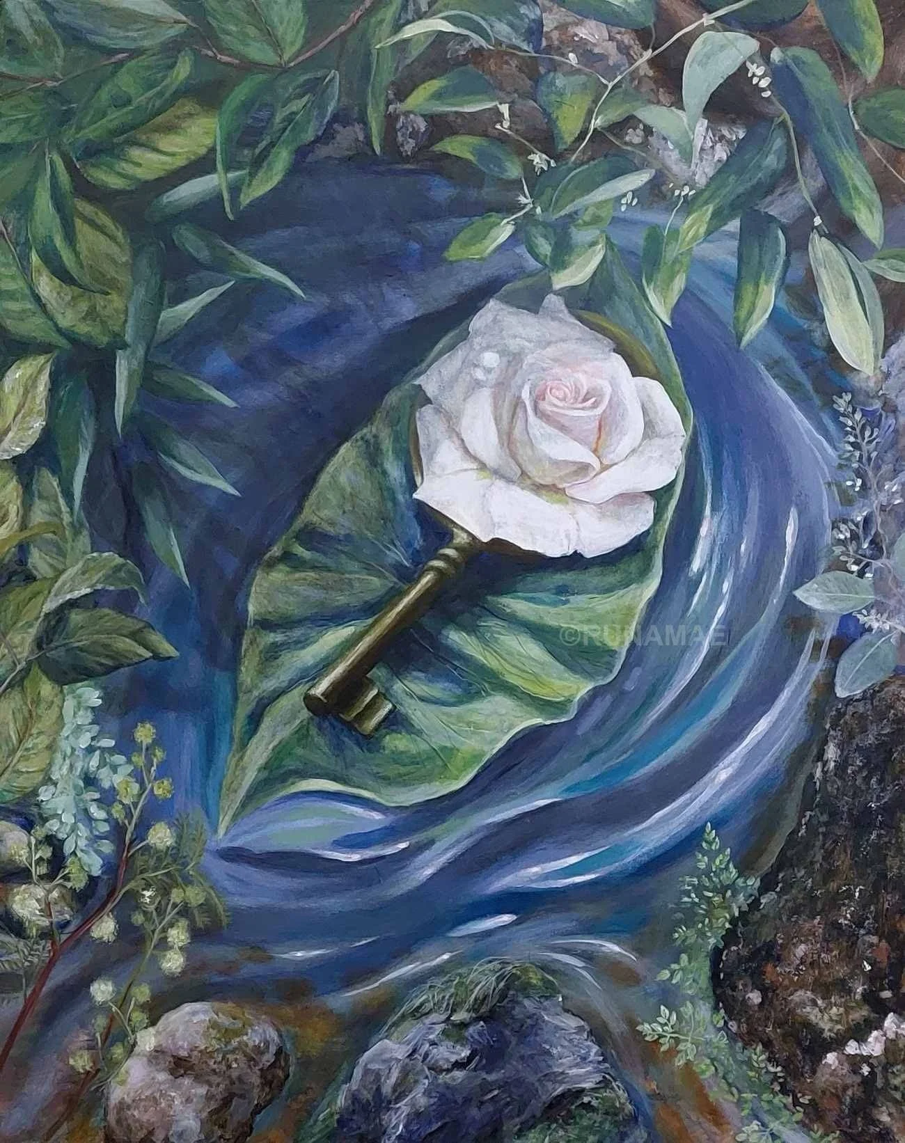 Painting of white rose with key floating on leave in water surrounded with leaves and rocks.