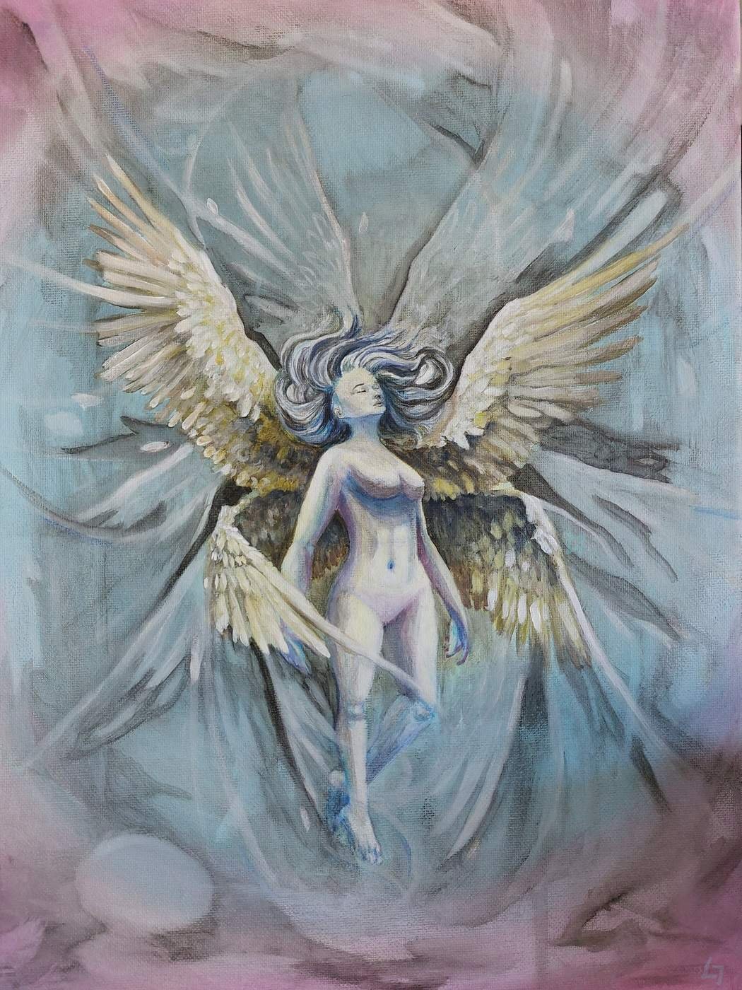 A surreal painting of a woman with large, feathery wings, floating in a soft colored abstract landscape