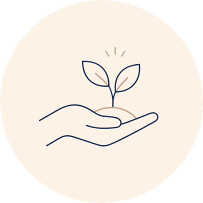 Icon of a hand with three leaves on a dark blue circular background.