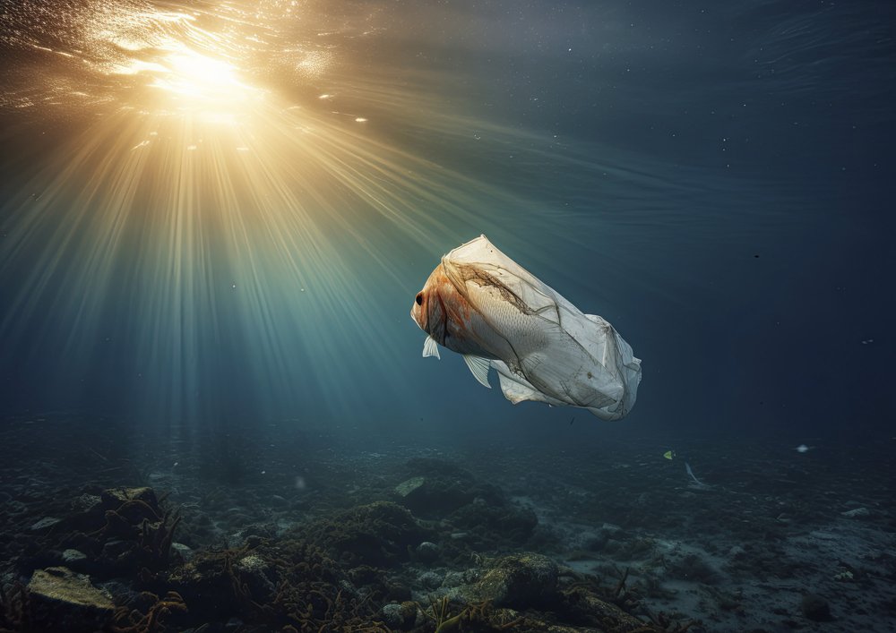  Marine life impacted by plastic pollution AI generated image 