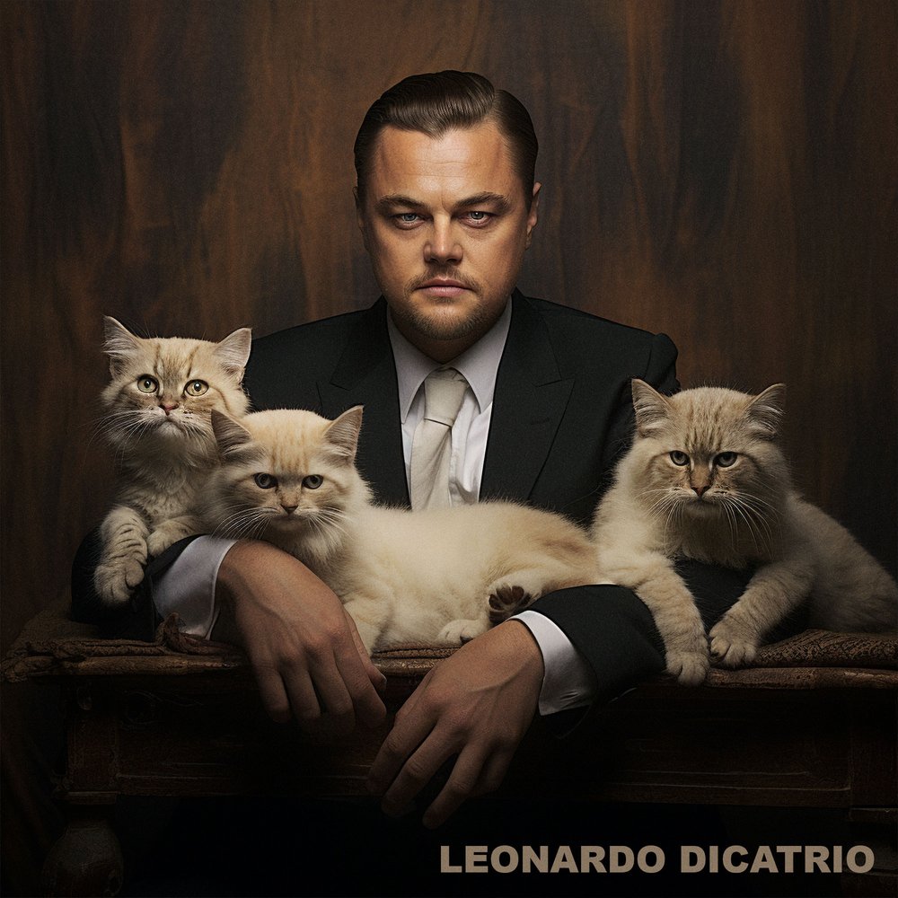  A photo of Leonardo DiCaprio with a three cats 