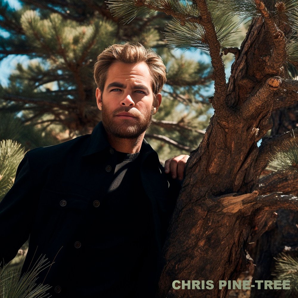  A photo of Chris Pine next to a pine tree 