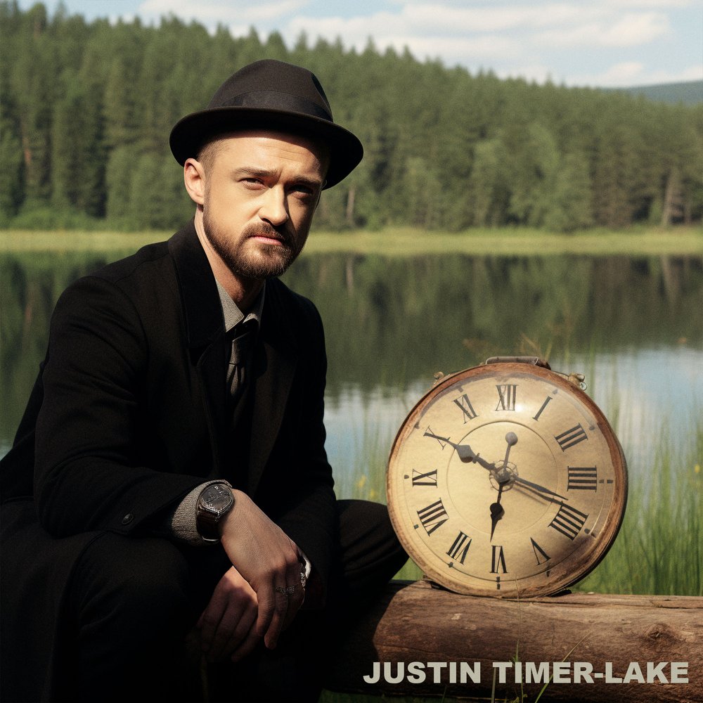  A photo of Justin Timberlake with a clock near a lake 