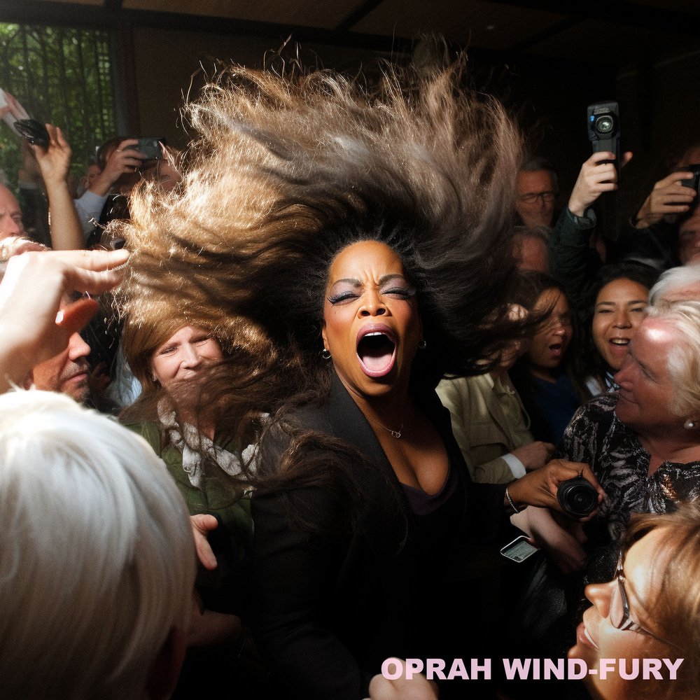  A photo of Oprah Winfrey with a fan blowing her hair dramatically 