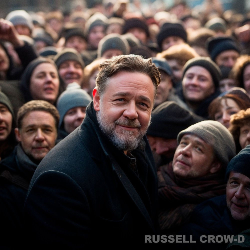  A photo of Russell Crowe in the middle of a crowd of people 